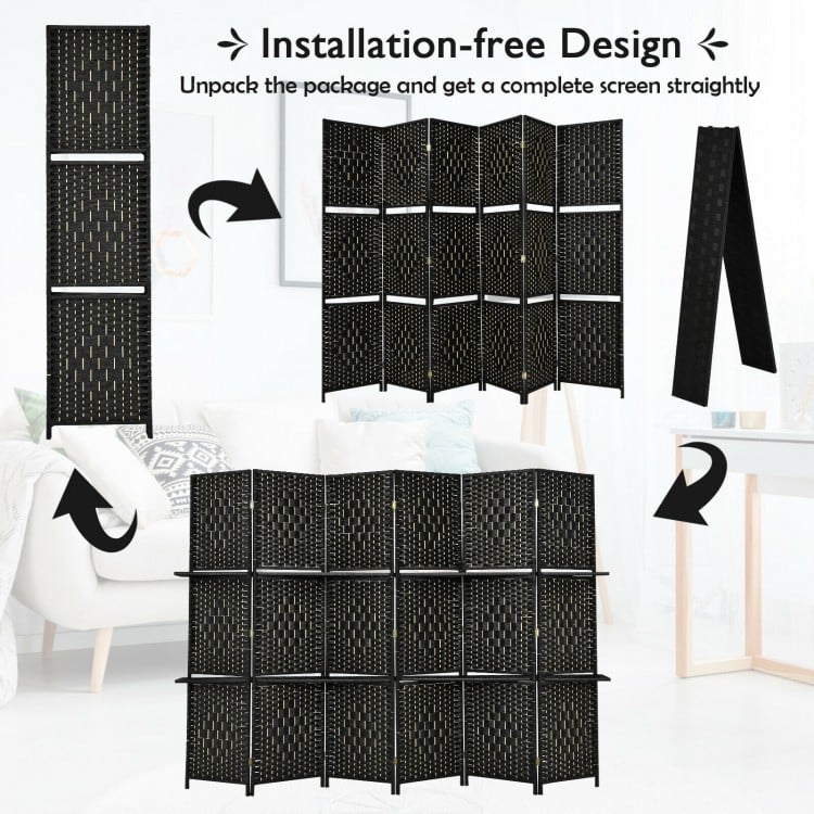 6 Panel Folding Room Divider with 2 Shelves - Handwoven Fiber, Black
