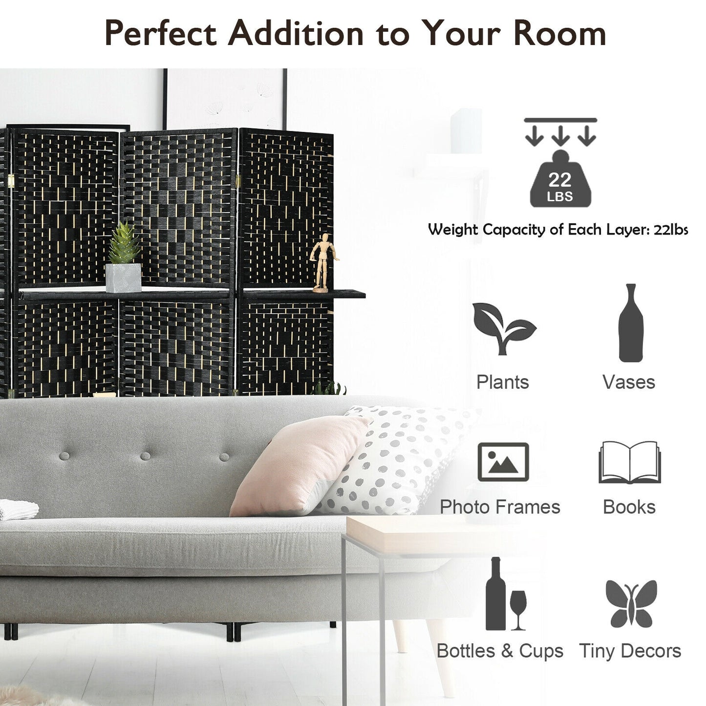 6 Panel Folding Room Divider with 2 Shelves - Handwoven Fiber, Black