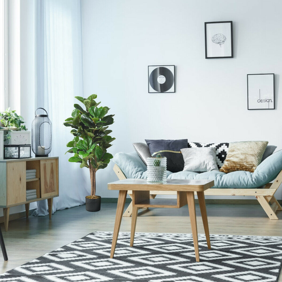 4ft Artificial Fiddle Leaf Fig Tree – Indoor and Outdoor Decoration with Natural Trunks & Moss Base