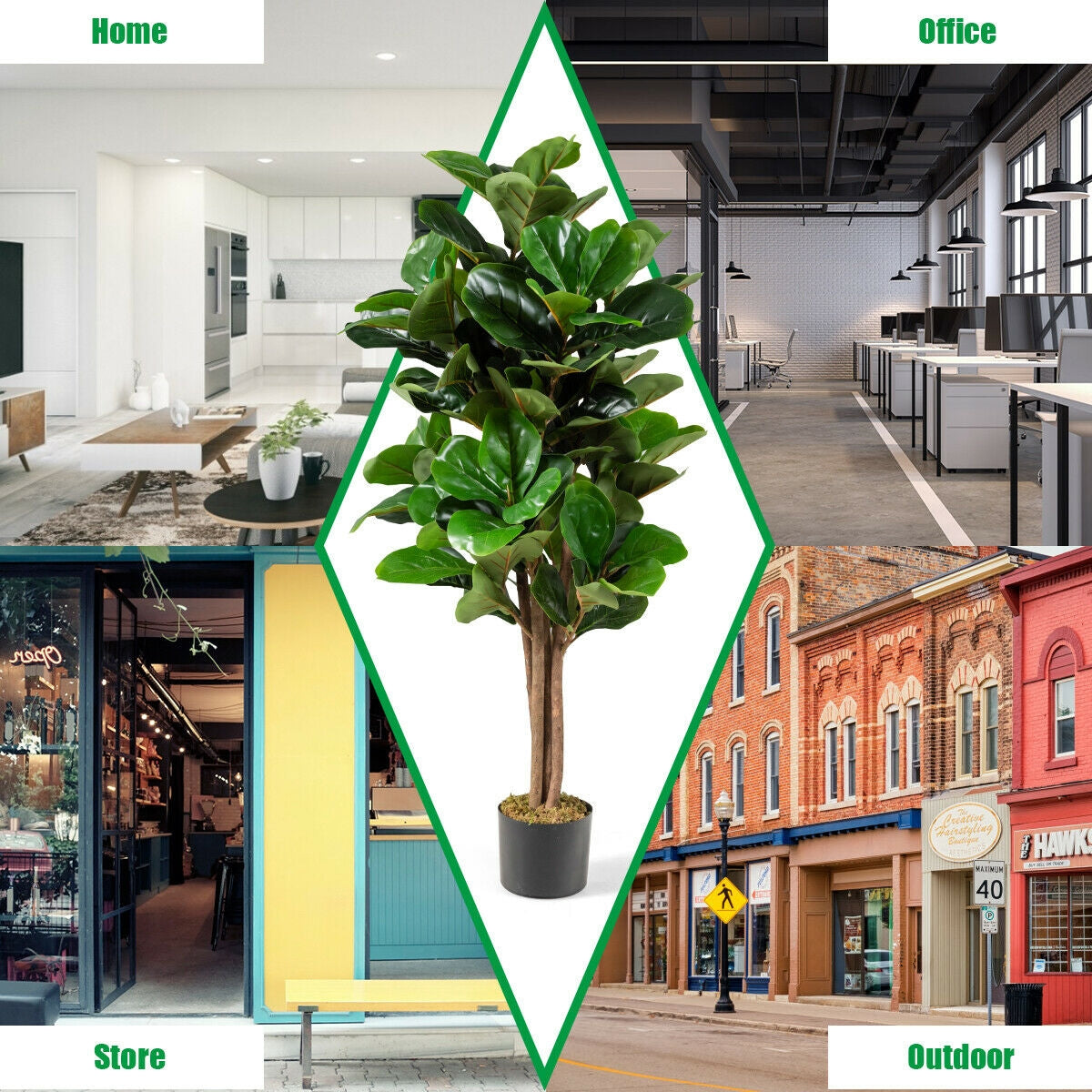4ft Artificial Fiddle Leaf Fig Tree – Indoor and Outdoor Decoration with Natural Trunks & Moss Base