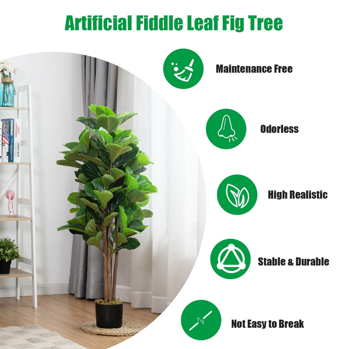 4ft Artificial Fiddle Leaf Fig Tree – Indoor and Outdoor Decoration with Natural Trunks & Moss Base