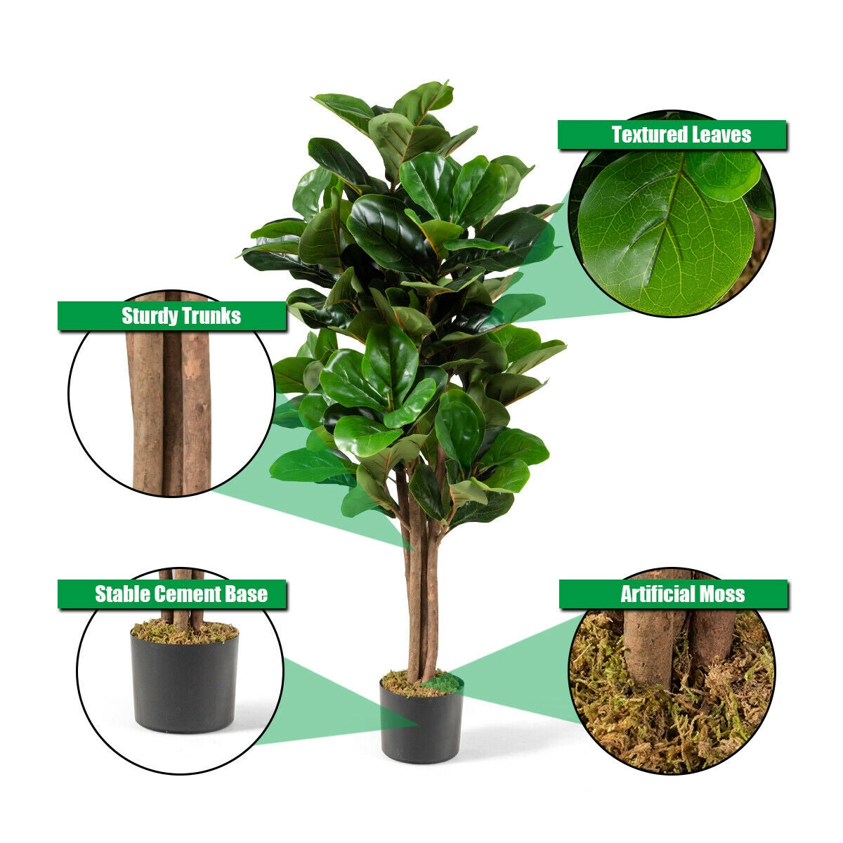 4ft Artificial Fiddle Leaf Fig Tree – Indoor and Outdoor Decoration with Natural Trunks & Moss Base
