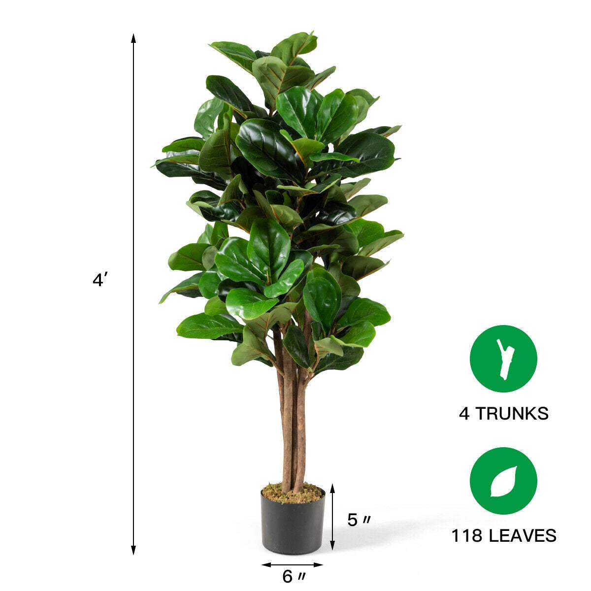 4ft Artificial Fiddle Leaf Fig Tree – Indoor and Outdoor Decoration with Natural Trunks & Moss Base