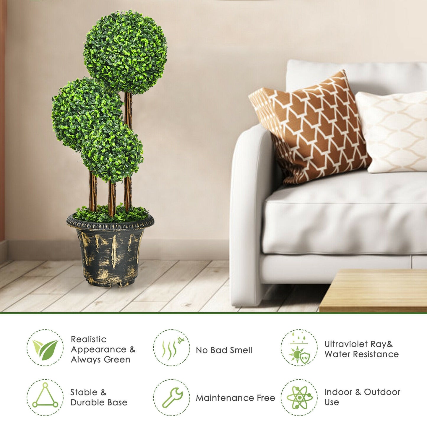 36 Inch Triple Ball Artificial Topiary Tree – UV & Water-Resistant for Indoor and Outdoor Decor