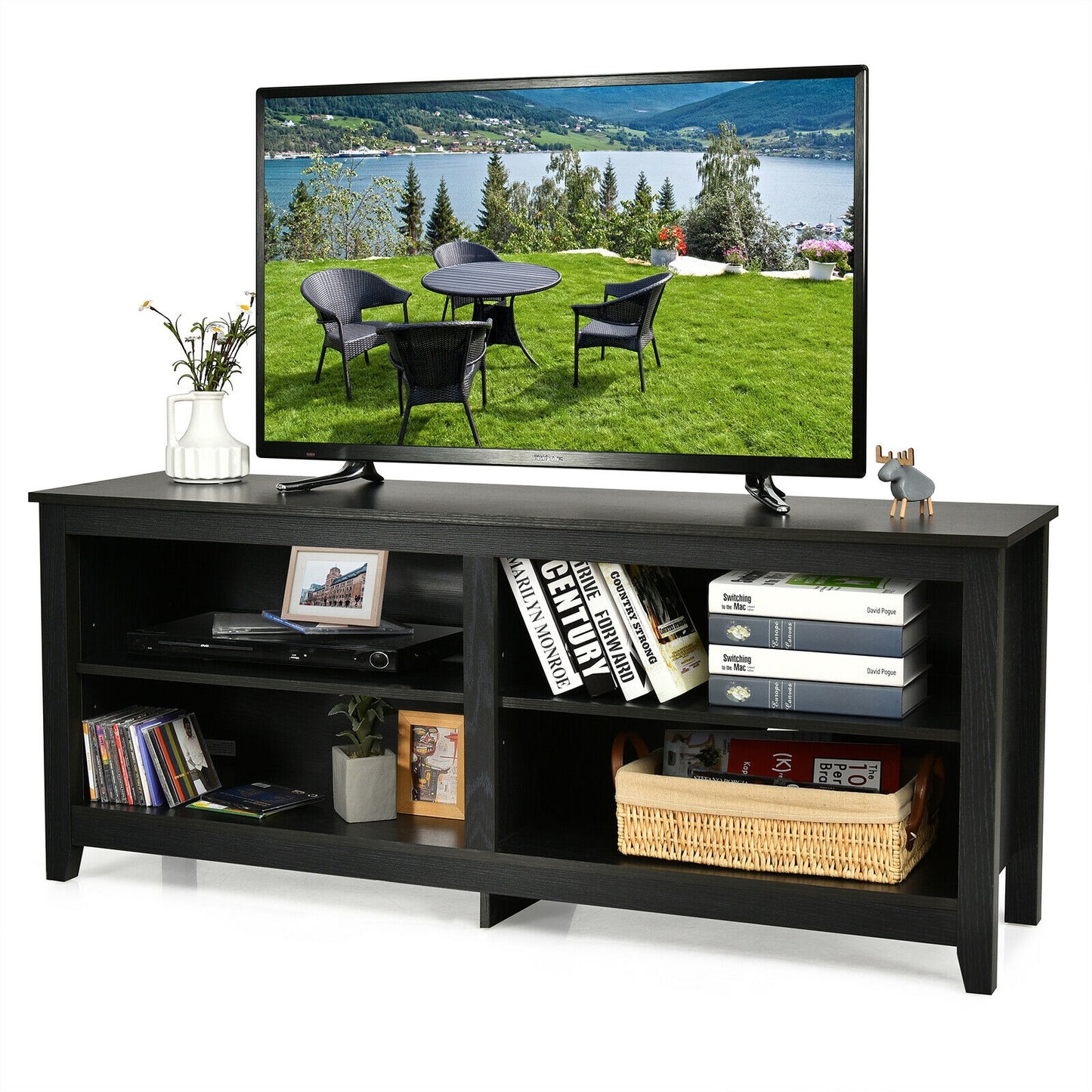 Modern TV Stand with Four Open Cubbies and Adjustable Shelf for TVs up to 65 Inches