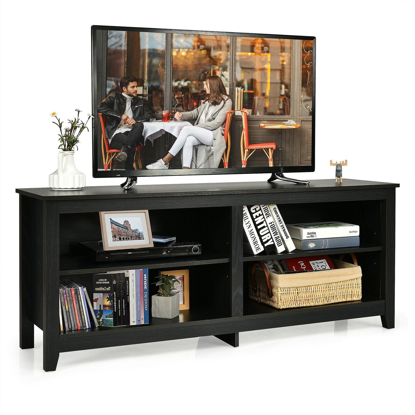 Modern TV Stand with Four Open Cubbies and Adjustable Shelf for TVs up to 65 Inches