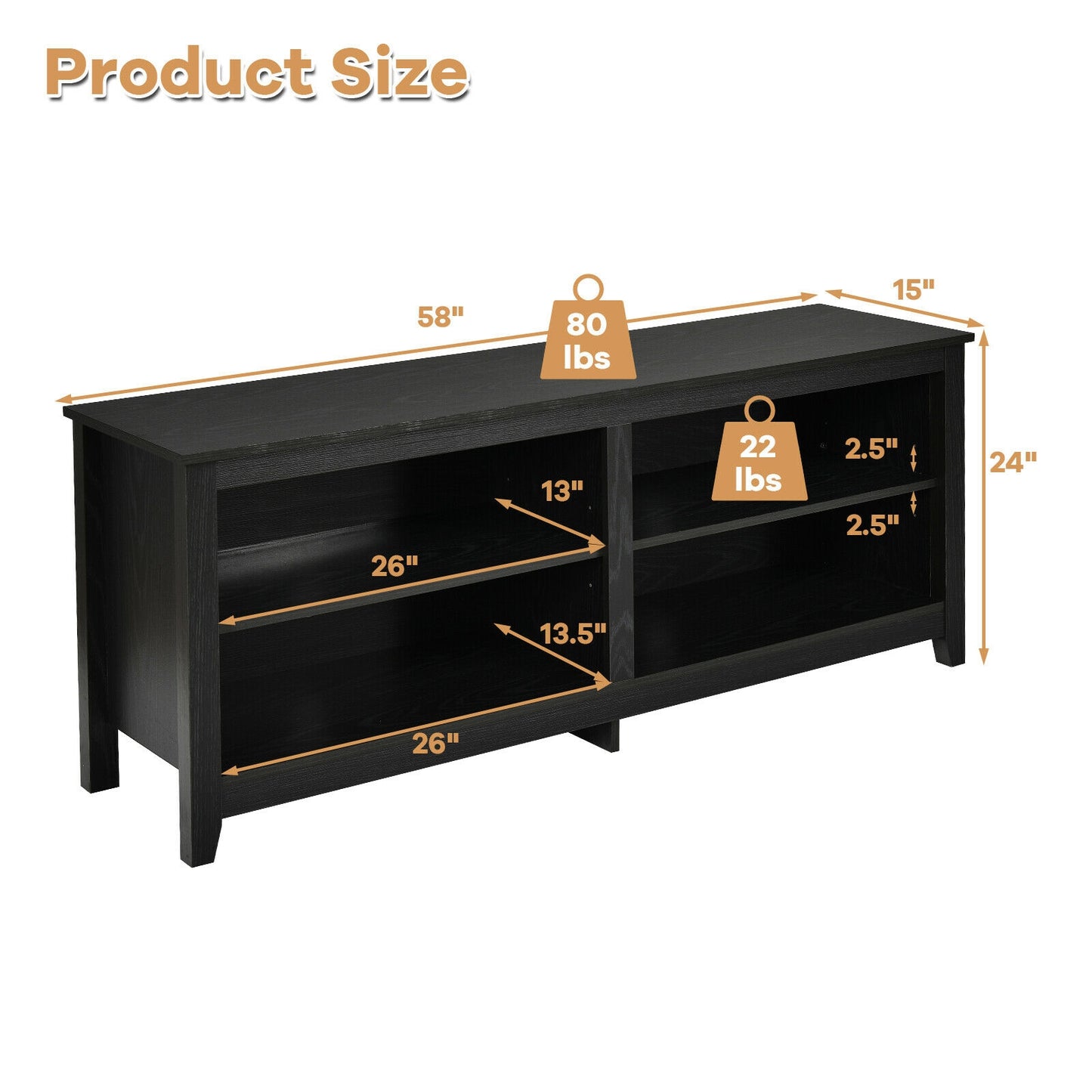 Modern TV Stand with Four Open Cubbies and Adjustable Shelf for TVs up to 65 Inches