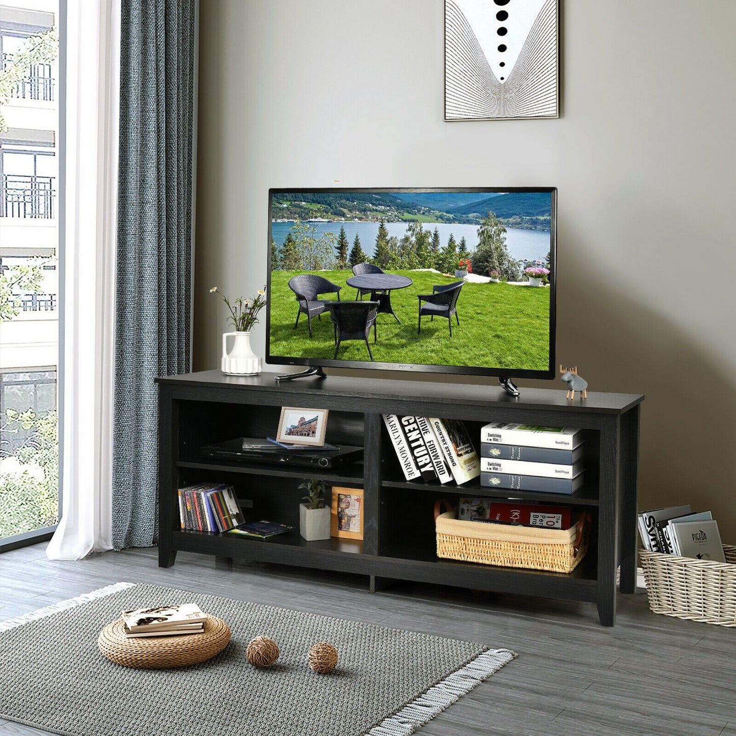 Modern TV Stand with Four Open Cubbies and Adjustable Shelf for TVs up to 65 Inches