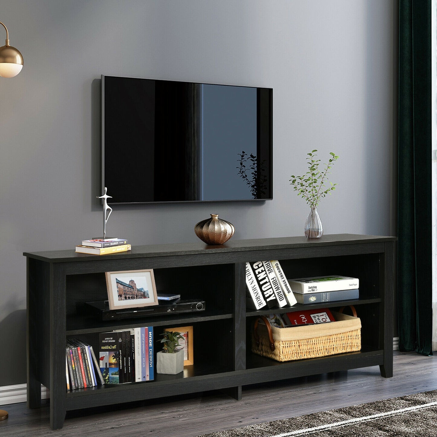 Modern TV Stand with Four Open Cubbies and Adjustable Shelf for TVs up to 65 Inches