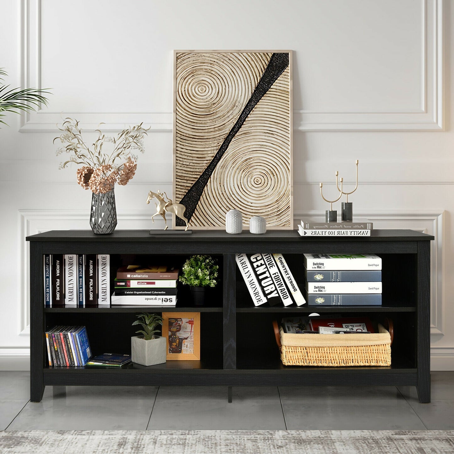 Modern TV Stand with Four Open Cubbies and Adjustable Shelf for TVs up to 65 Inches