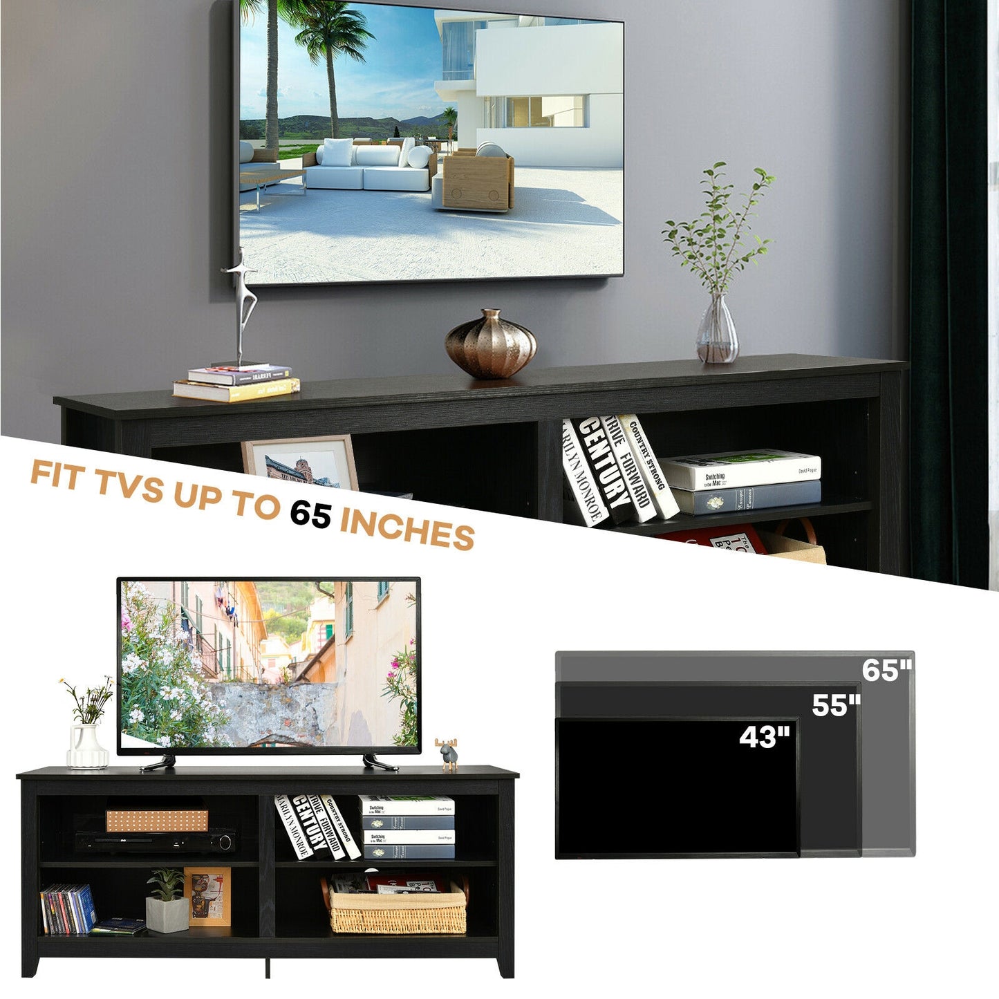 Modern TV Stand with Four Open Cubbies and Adjustable Shelf for TVs up to 65 Inches