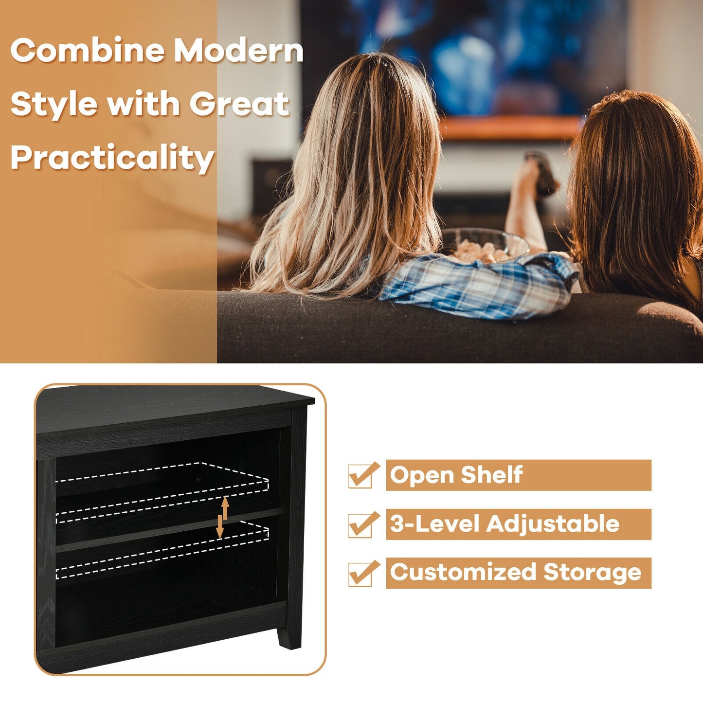 Modern TV Stand with Four Open Cubbies and Adjustable Shelf for TVs up to 65 Inches