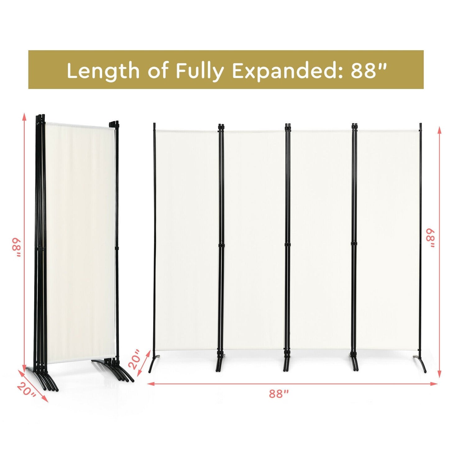 Elegant 4 Panel Folding Room Divider with Sturdy Steel Frame – White