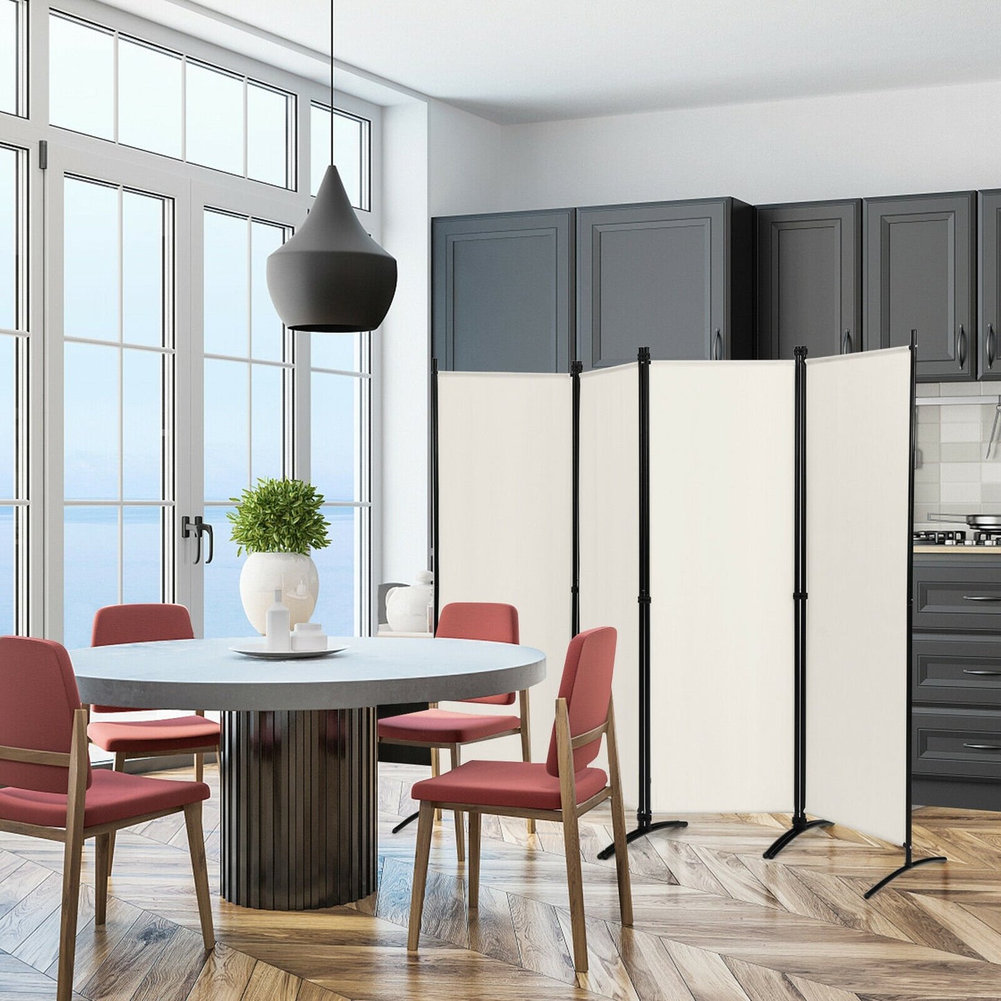 Elegant 4 Panel Folding Room Divider with Sturdy Steel Frame – White