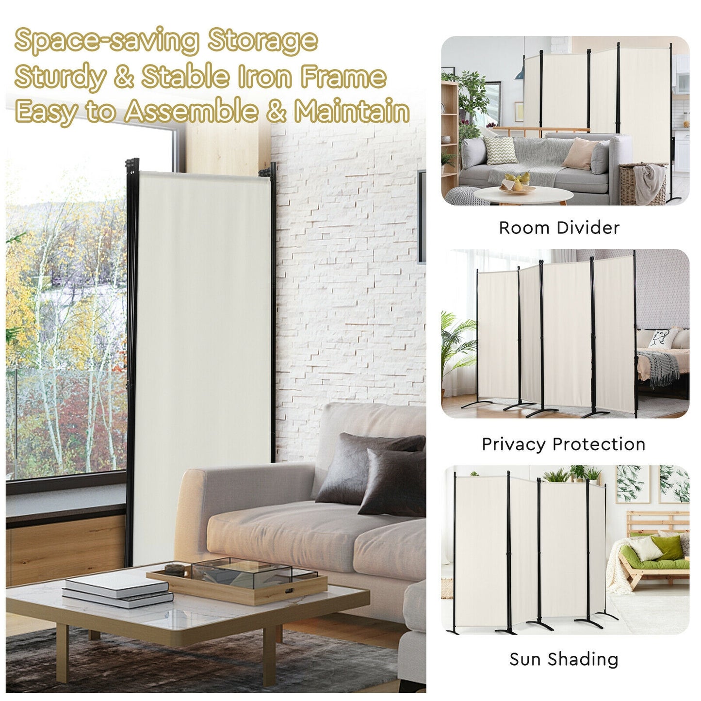 Elegant 4 Panel Folding Room Divider with Sturdy Steel Frame – White