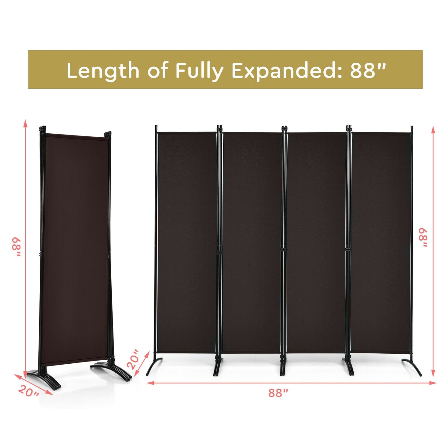 Elegant 4 Panel Folding Room Divider with Sturdy Steel Frame – Brown