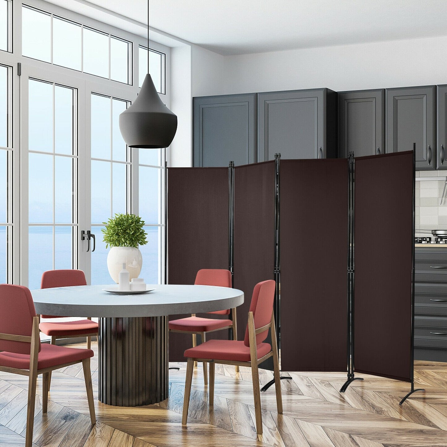 Elegant 4 Panel Folding Room Divider with Sturdy Steel Frame – Brown