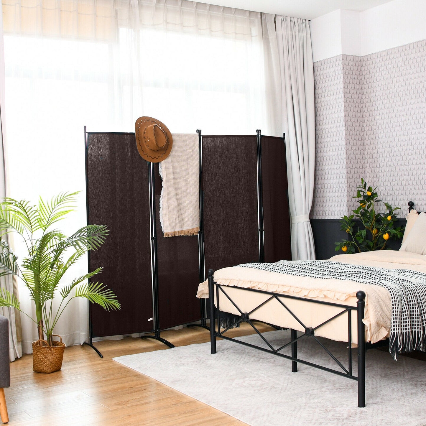 Elegant 4 Panel Folding Room Divider with Sturdy Steel Frame – Brown