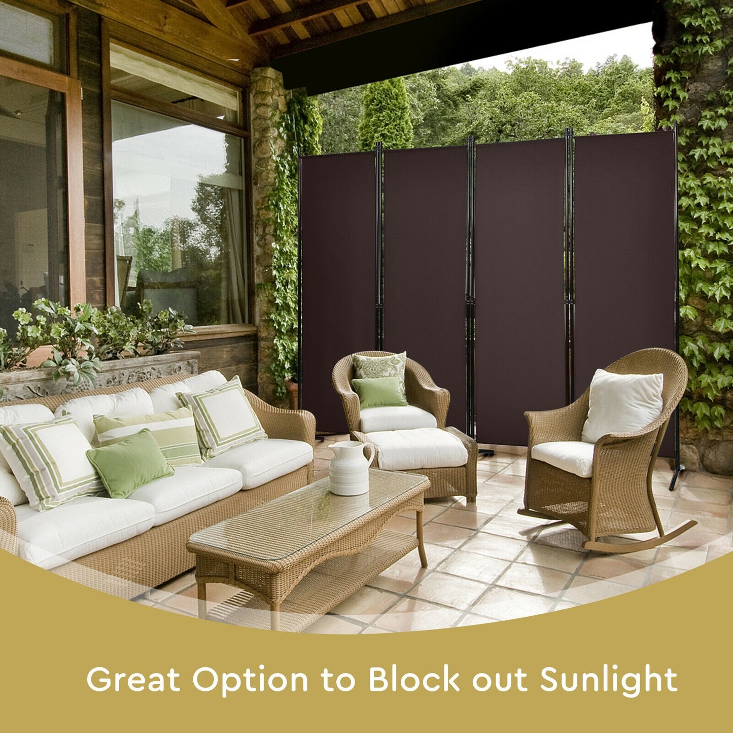 Elegant 4 Panel Folding Room Divider with Sturdy Steel Frame – Brown