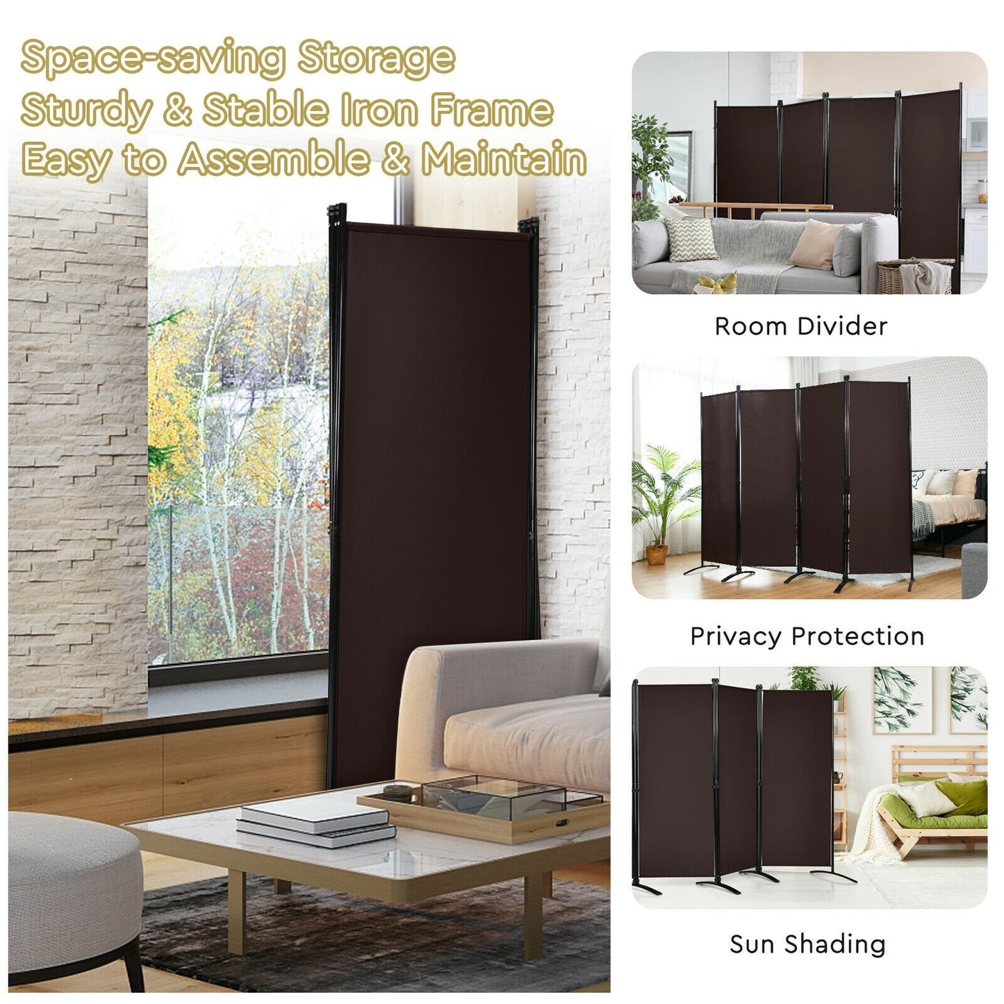 Elegant 4 Panel Folding Room Divider with Sturdy Steel Frame – Brown