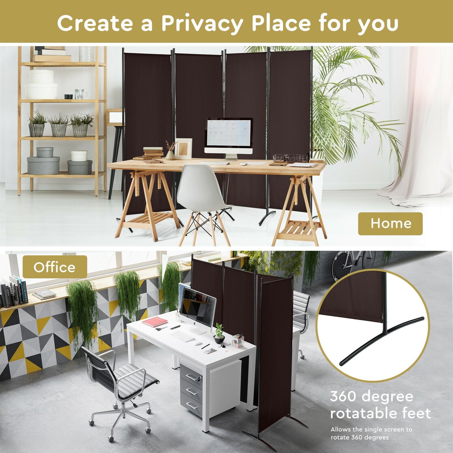 Elegant 4 Panel Folding Room Divider with Sturdy Steel Frame – Brown