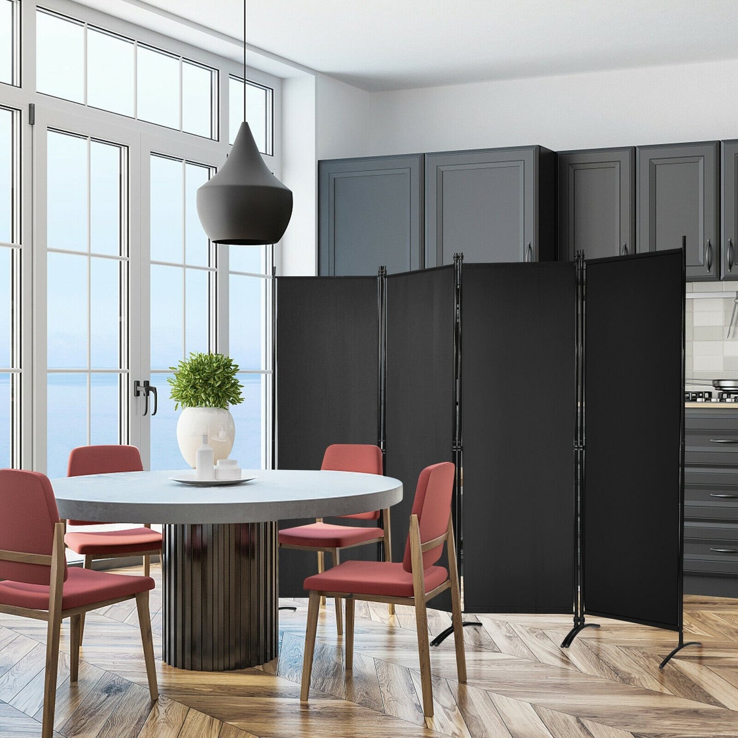 Elegant 4 Panel Folding Room Divider with Sturdy Steel Frame – Black