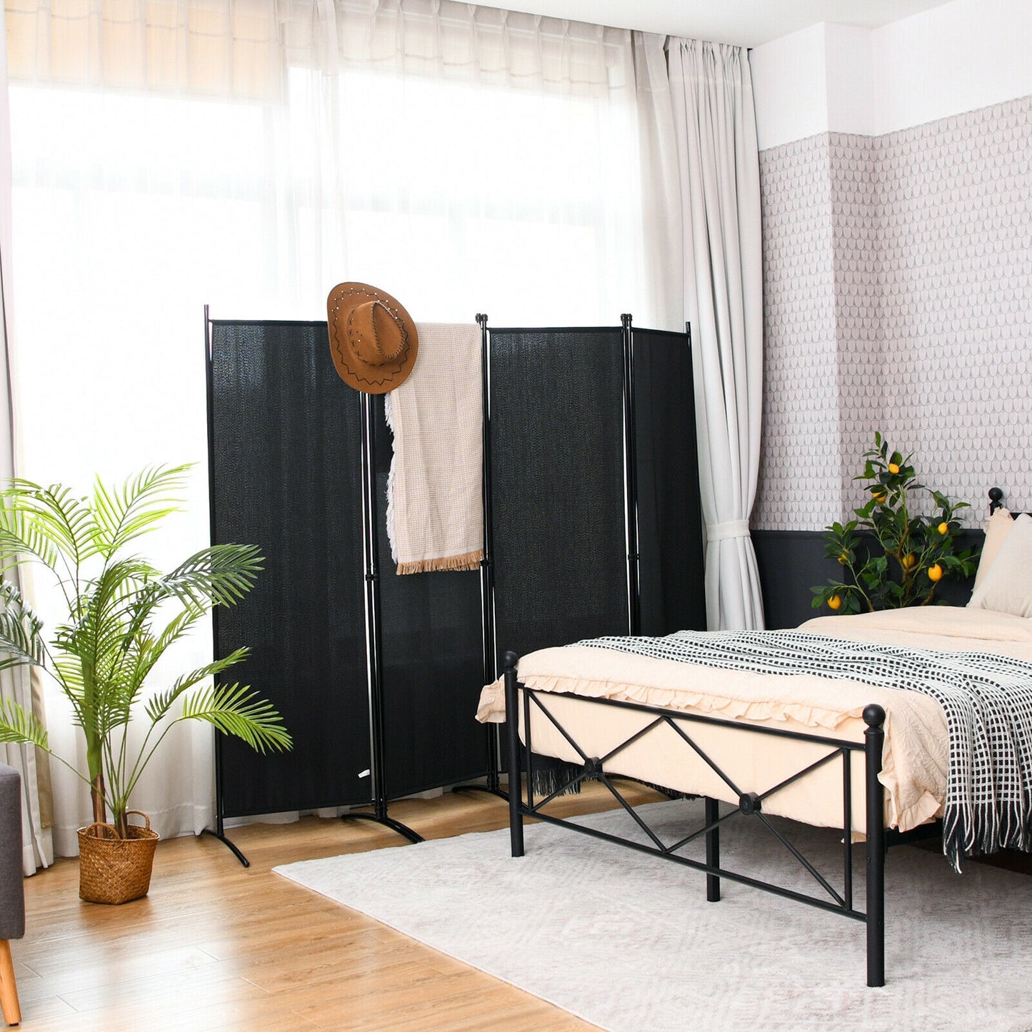 Elegant 4 Panel Folding Room Divider with Sturdy Steel Frame – Black