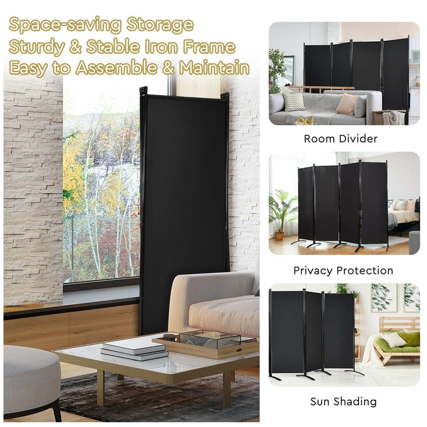 Elegant 4 Panel Folding Room Divider with Sturdy Steel Frame – Black