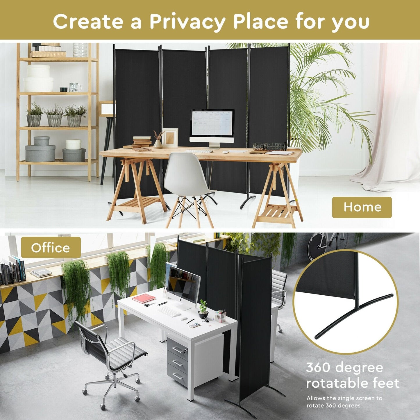 Elegant 4 Panel Folding Room Divider with Sturdy Steel Frame – Black