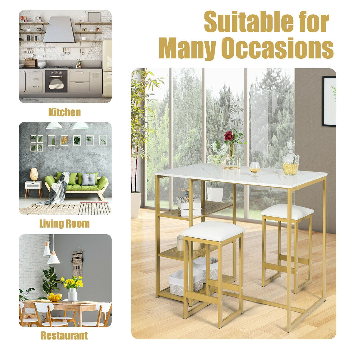 3 Piece Dining Set with Faux Marble Table and Upholstered Stools Golden