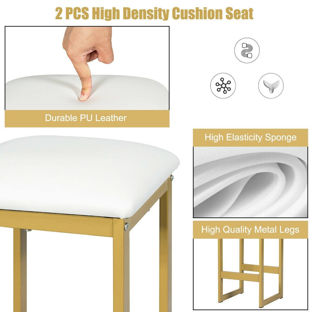 3 Piece Dining Set with Faux Marble Table and Upholstered Stools Golden