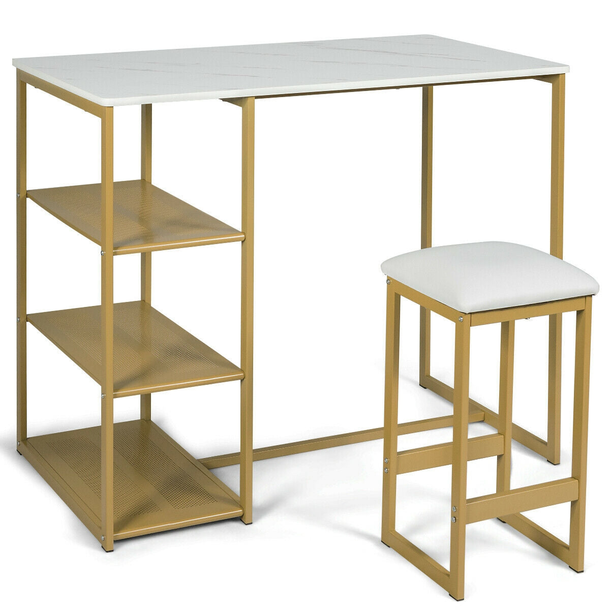 3 Piece Dining Set with Faux Marble Table and Upholstered Stools Golden