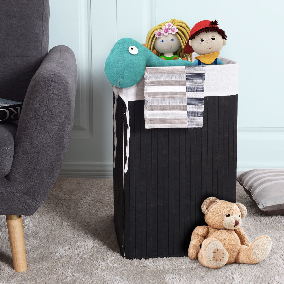 Corner Space Bamboo Laundry Basket with PU Leather Handles