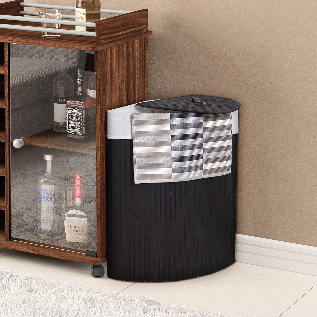 Corner Space Bamboo Laundry Basket with PU Leather Handles