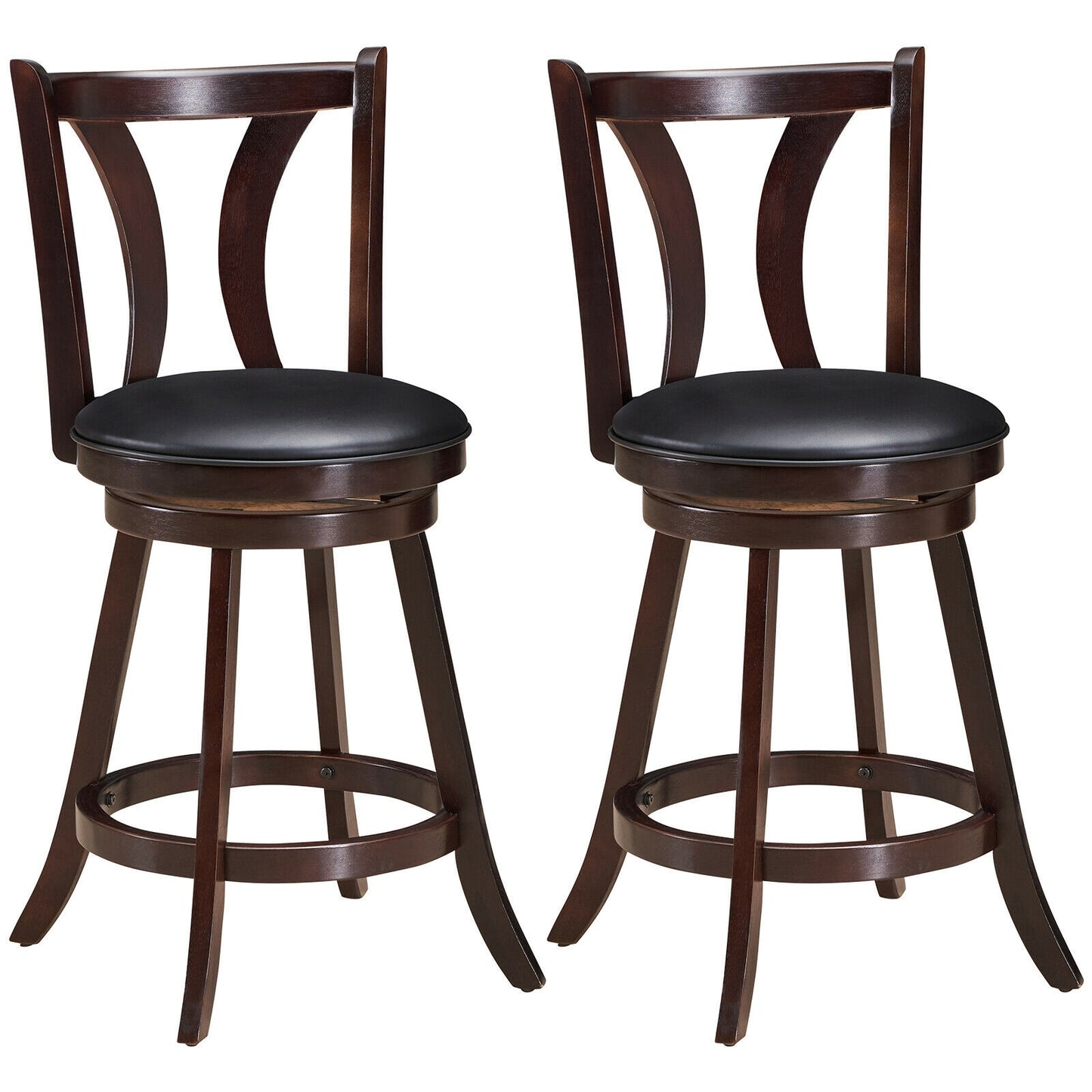 Set of 2 24 Inch Swivel Bar Stools with PU Leather Seats and Solid Rubber Wood Legs