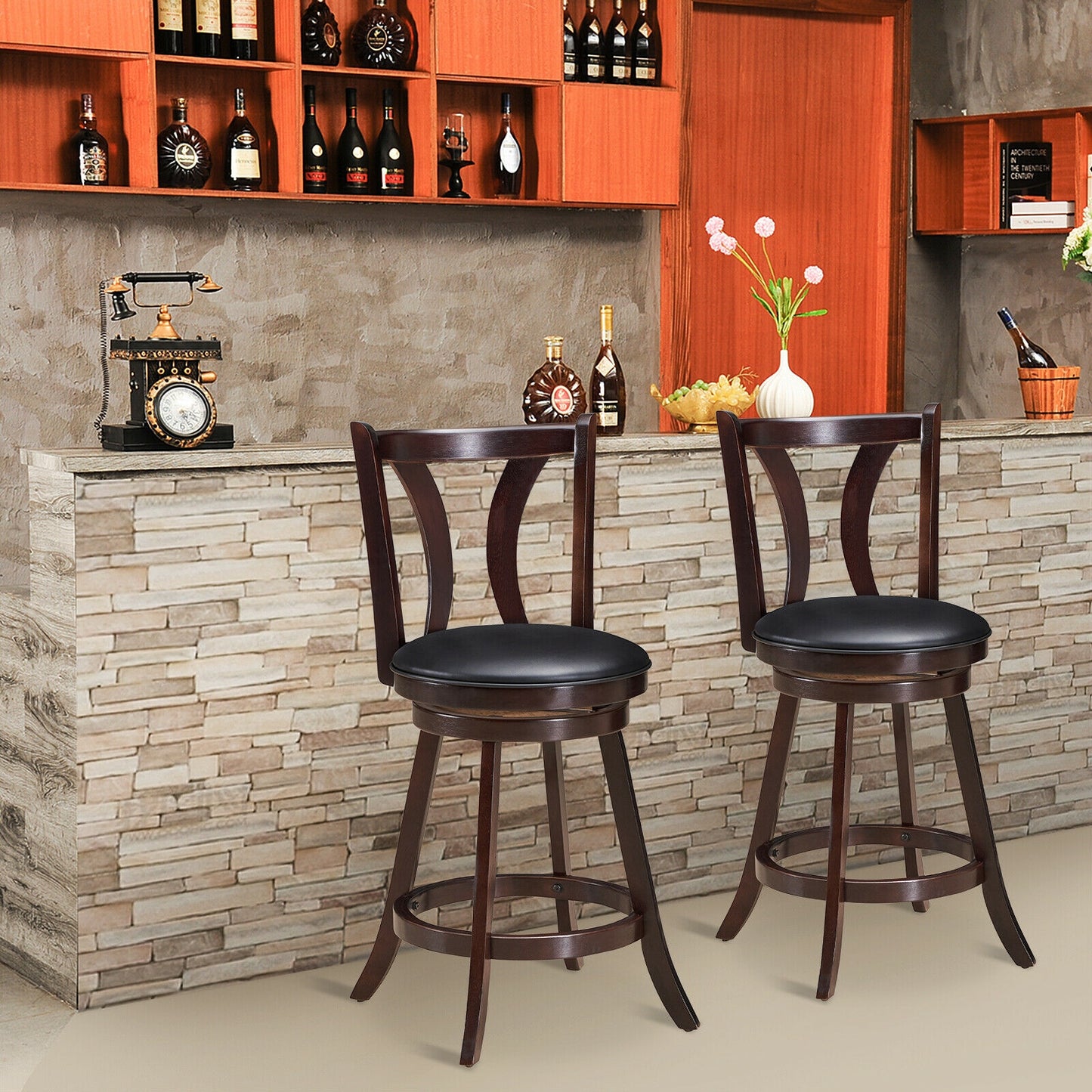 Set of 2 24 Inch Swivel Bar Stools with PU Leather Seats and Solid Rubber Wood Legs