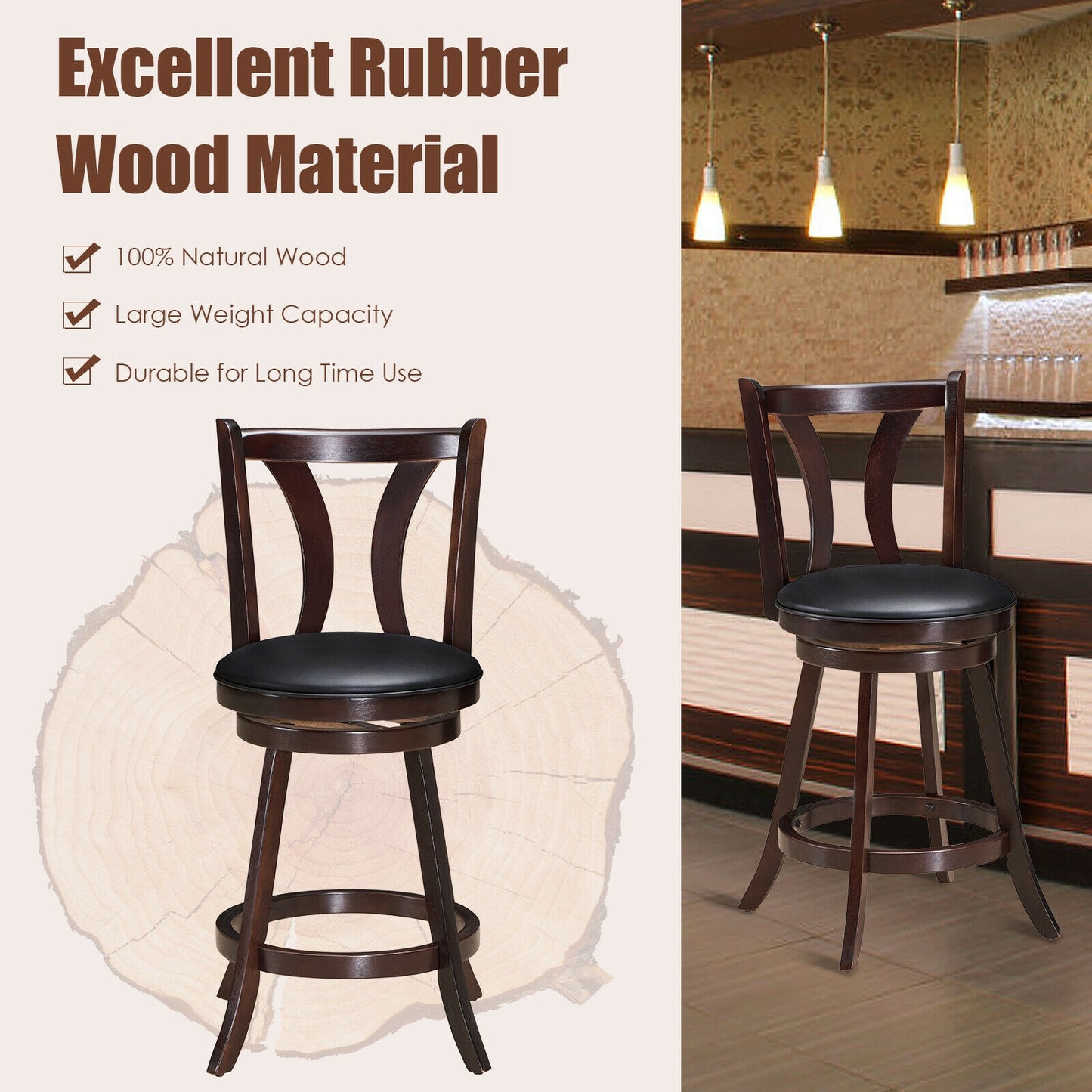 Set of 2 24 Inch Swivel Bar Stools with PU Leather Seats and Solid Rubber Wood Legs