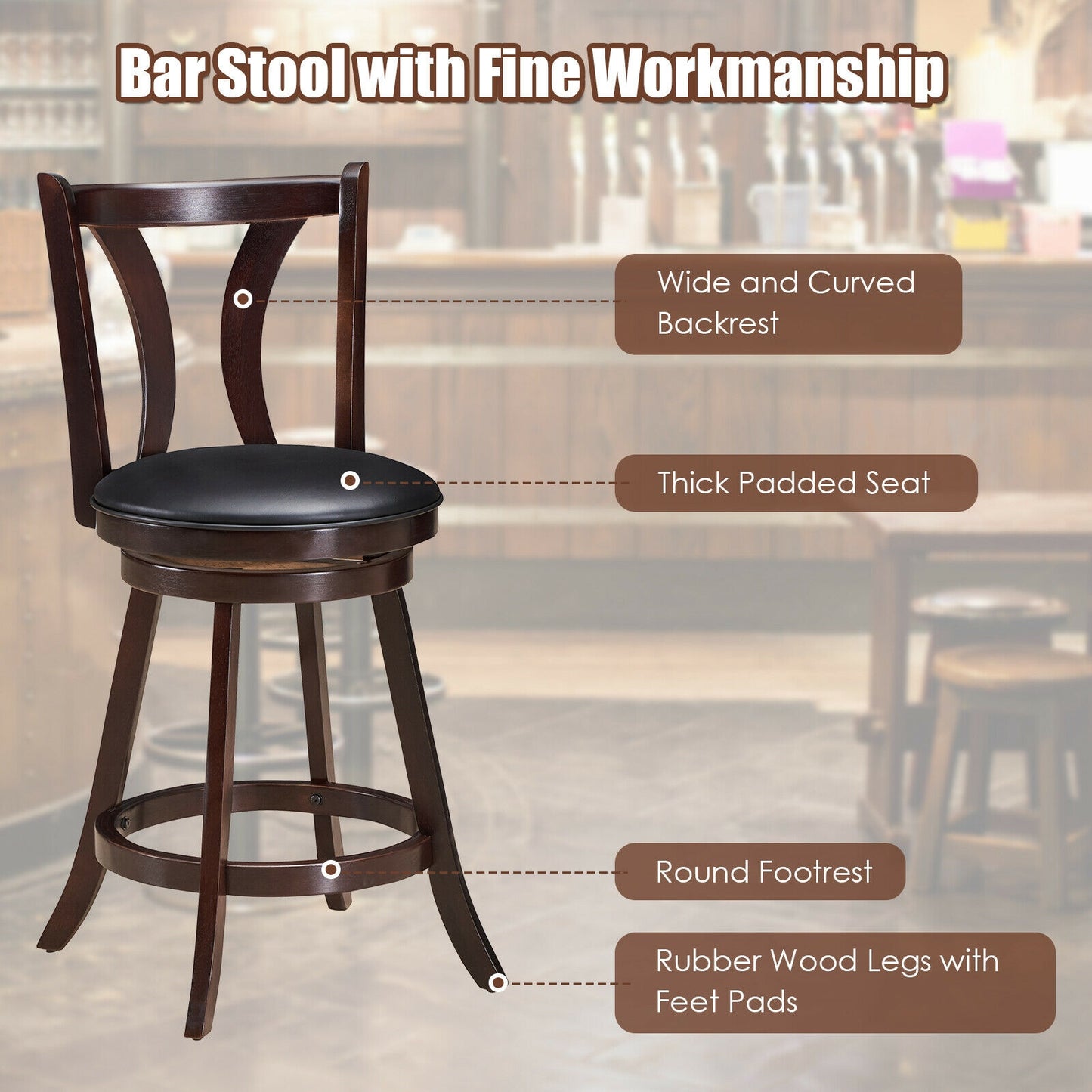 Set of 2 24 Inch Swivel Bar Stools with PU Leather Seats and Solid Rubber Wood Legs
