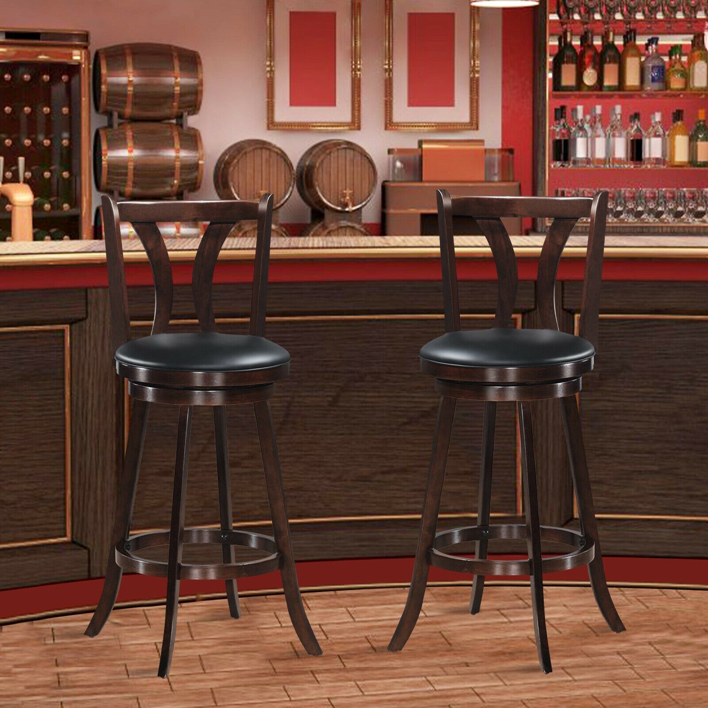 Set of 2 29.5 Inch Swivel Bar Stools with PU Leather Seats and Solid Rubber Wood Legs