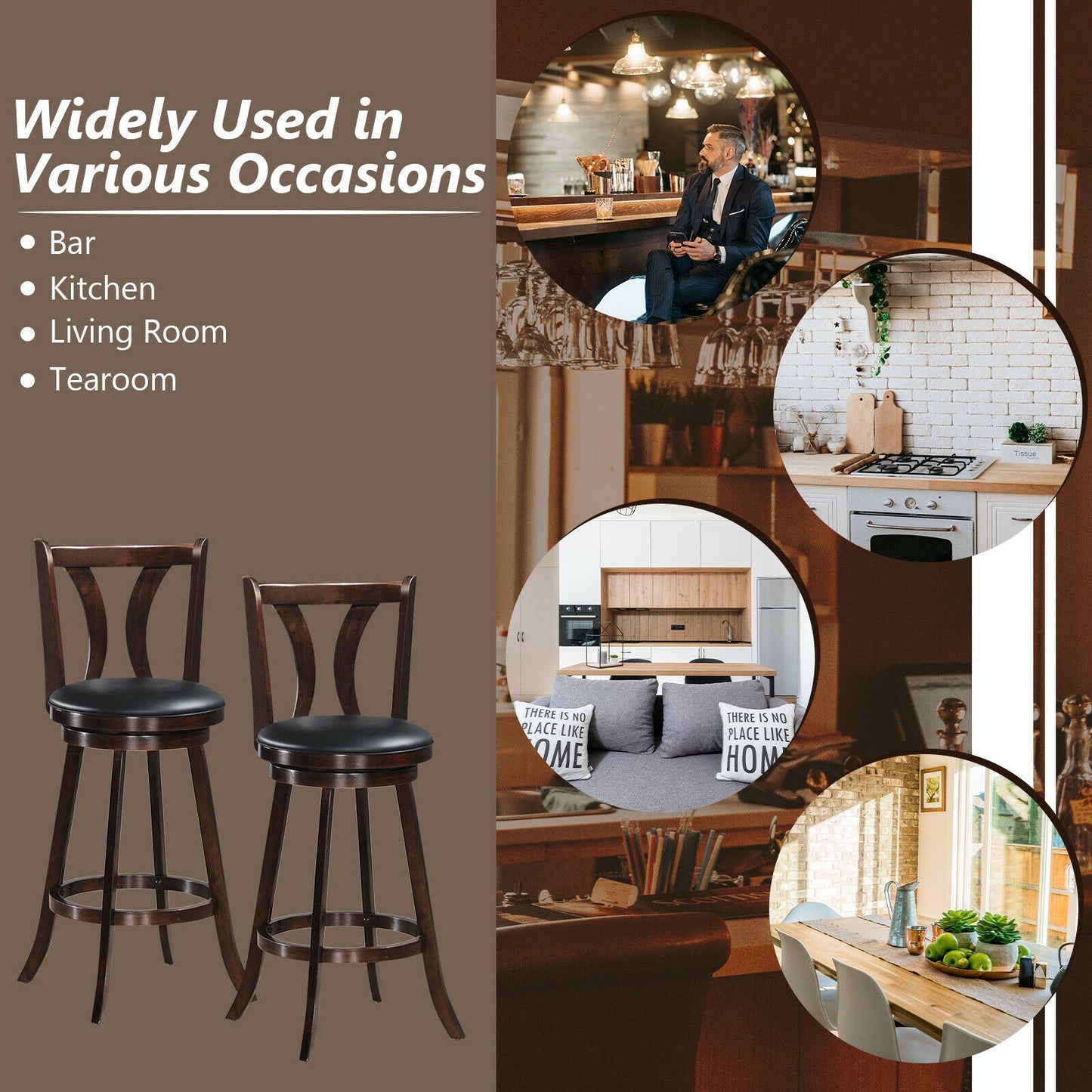Set of 2 29.5 Inch Swivel Bar Stools with PU Leather Seats and Solid Rubber Wood Legs