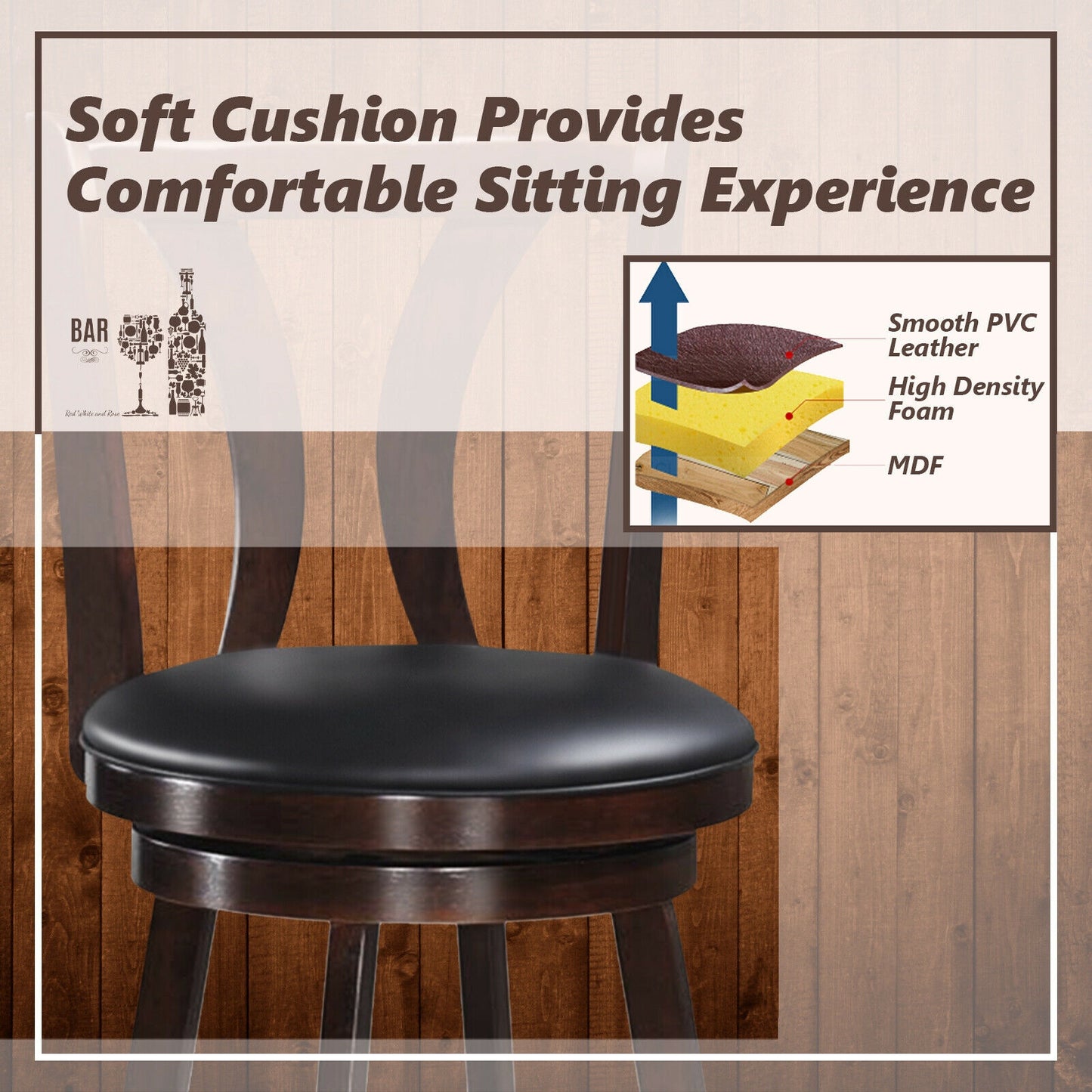 Set of 2 29.5 Inch Swivel Bar Stools with PU Leather Seats and Solid Rubber Wood Legs
