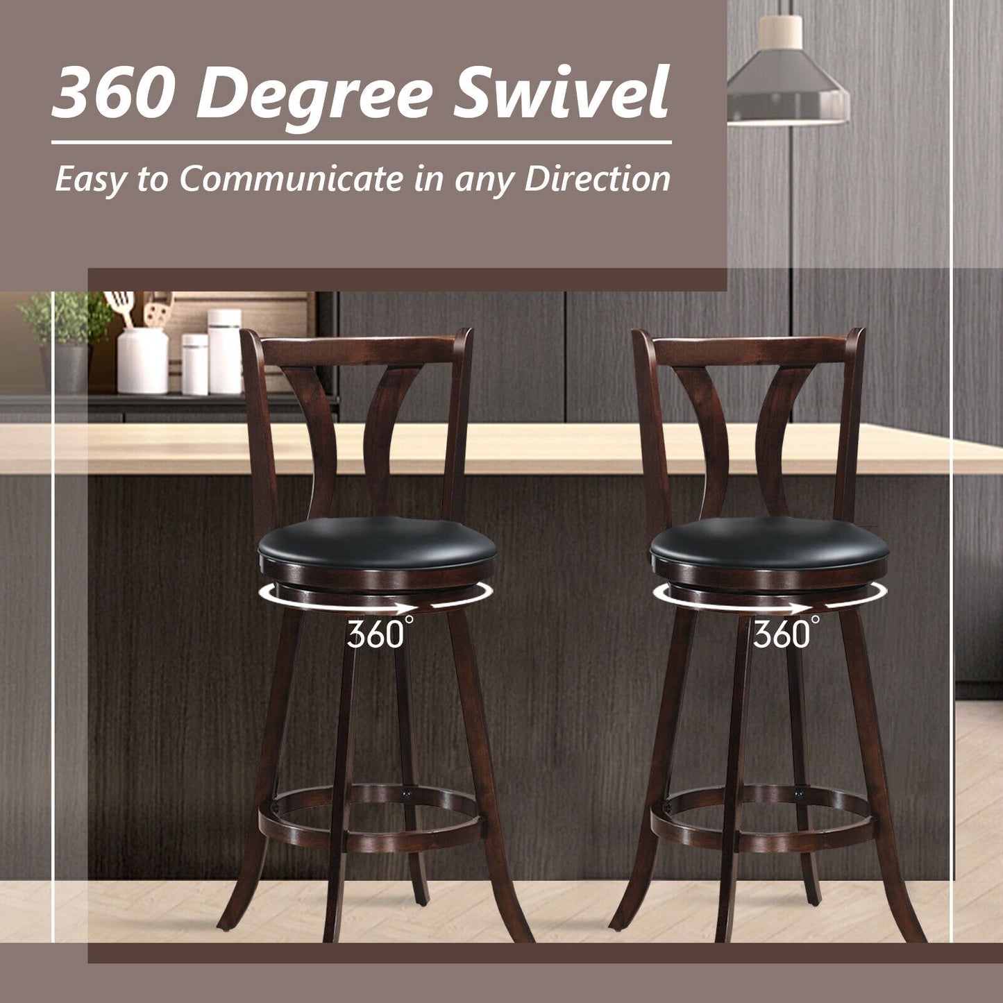 Set of 2 29.5 Inch Swivel Bar Stools with PU Leather Seats and Solid Rubber Wood Legs