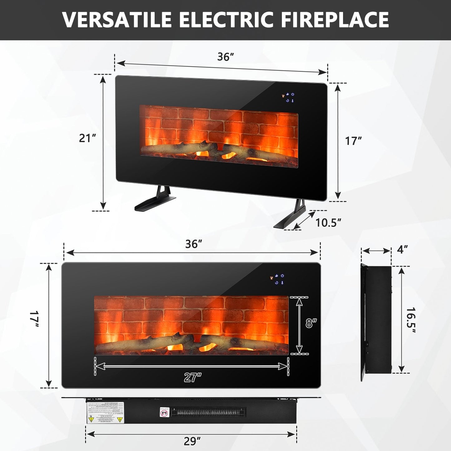 Wall Mounted & Freestanding Electric Fireplace with Remote Control