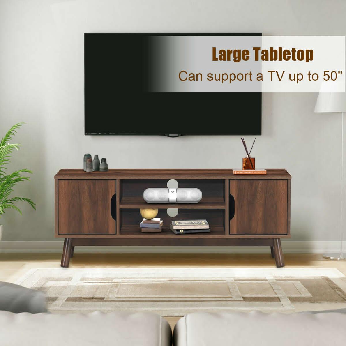 Rustic Wood TV Stand with Open Shelf and Side Cabinets for 50 Inch Screen