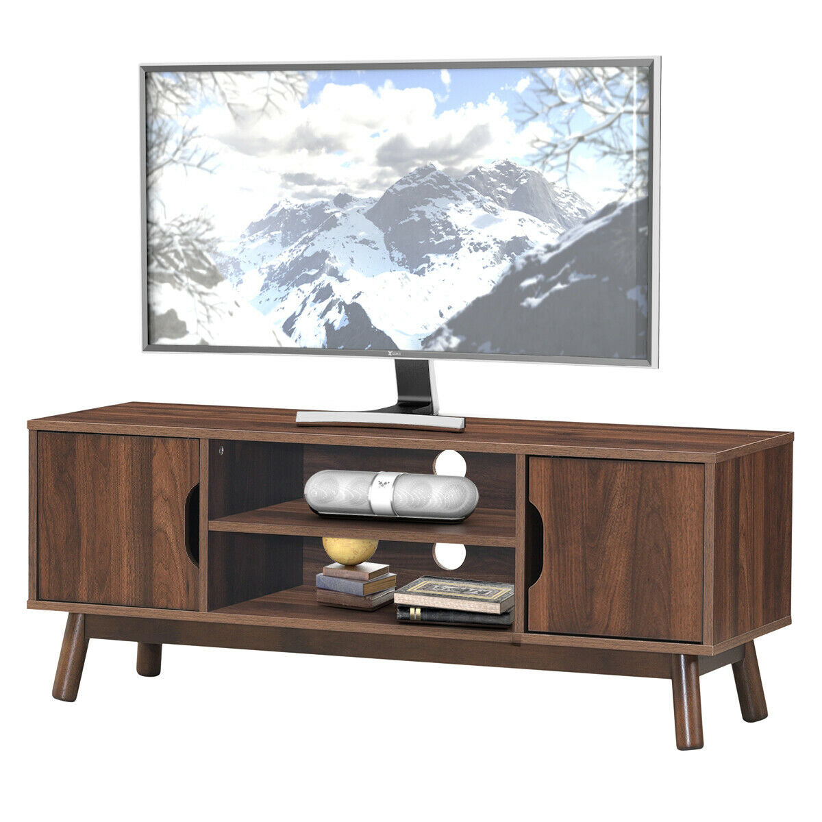 Rustic Wood TV Stand with Open Shelf and Side Cabinets for 50 Inch Screen