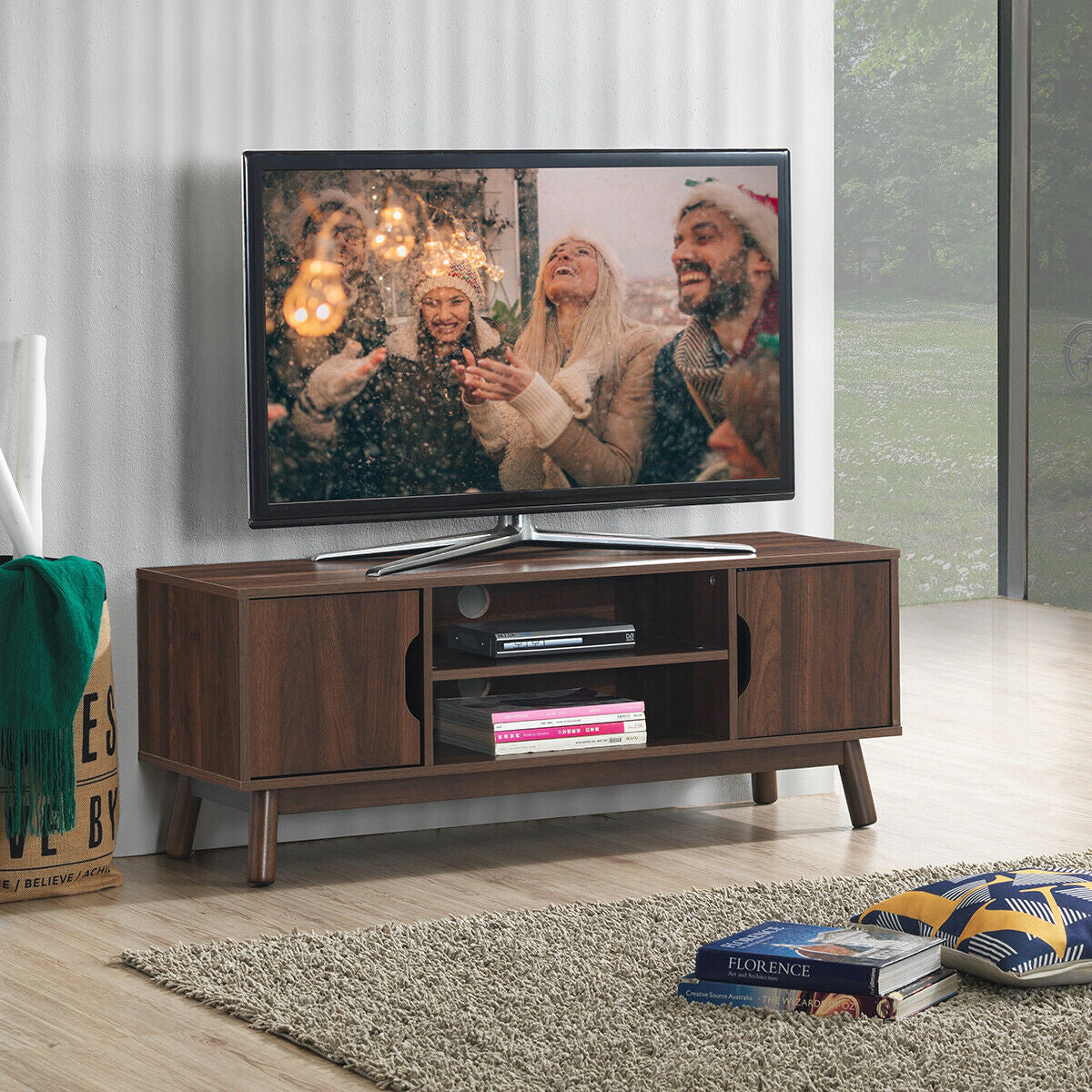 Rustic Wood TV Stand with Open Shelf and Side Cabinets for 50 Inch Screen