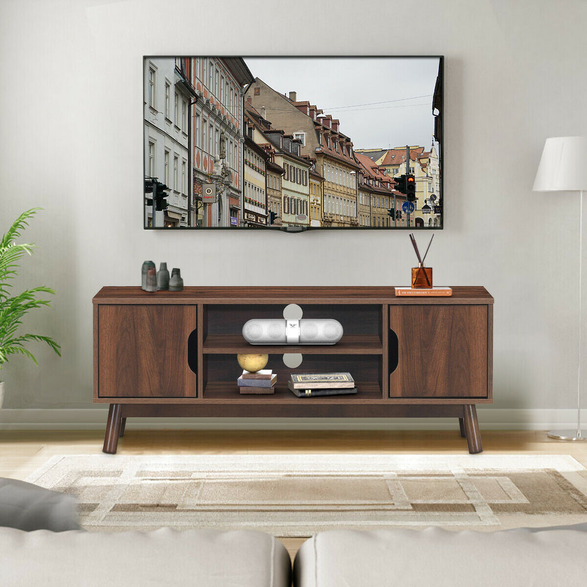 Rustic Wood TV Stand with Open Shelf and Side Cabinets for 50 Inch Screen