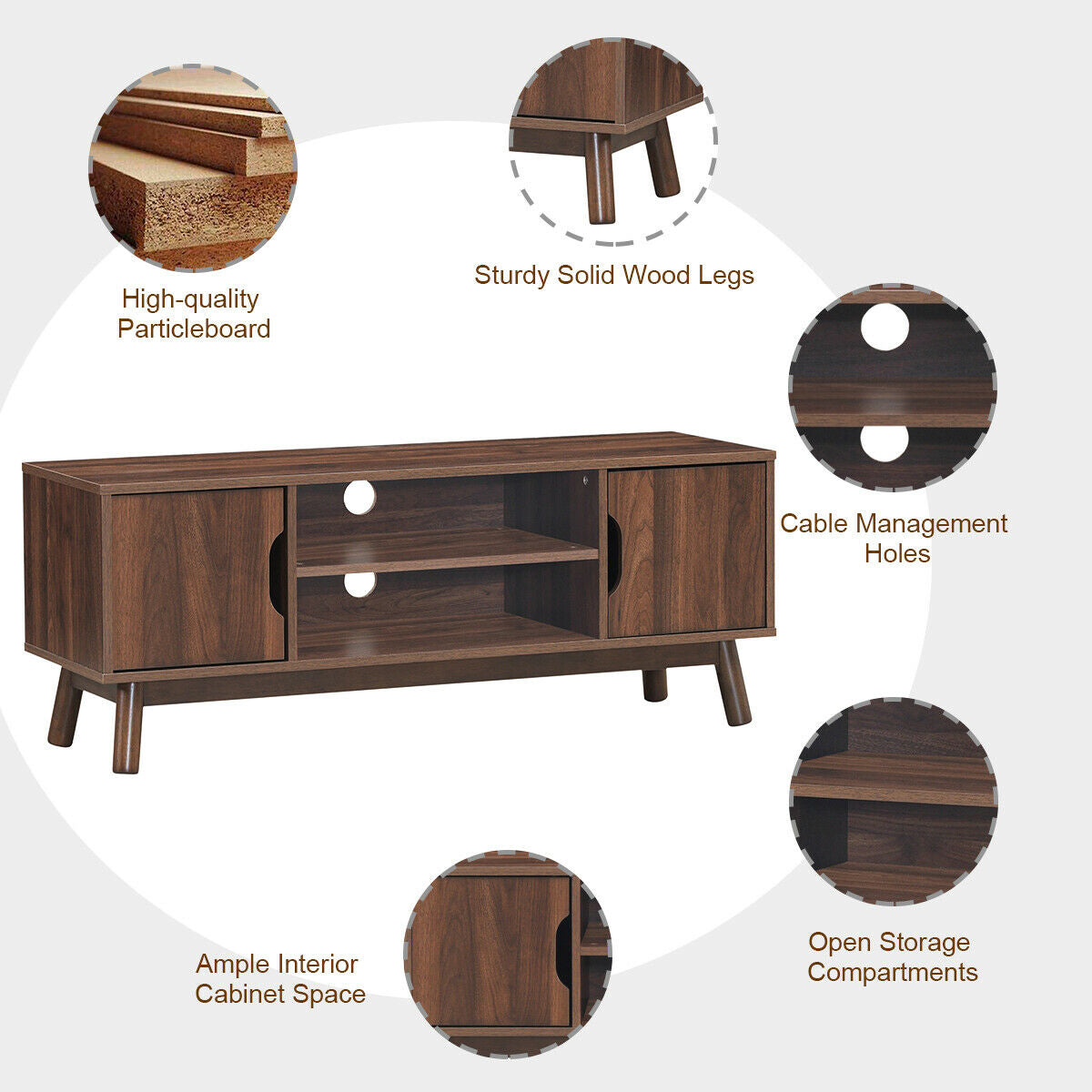 Rustic Wood TV Stand with Open Shelf and Side Cabinets for 50 Inch Screen