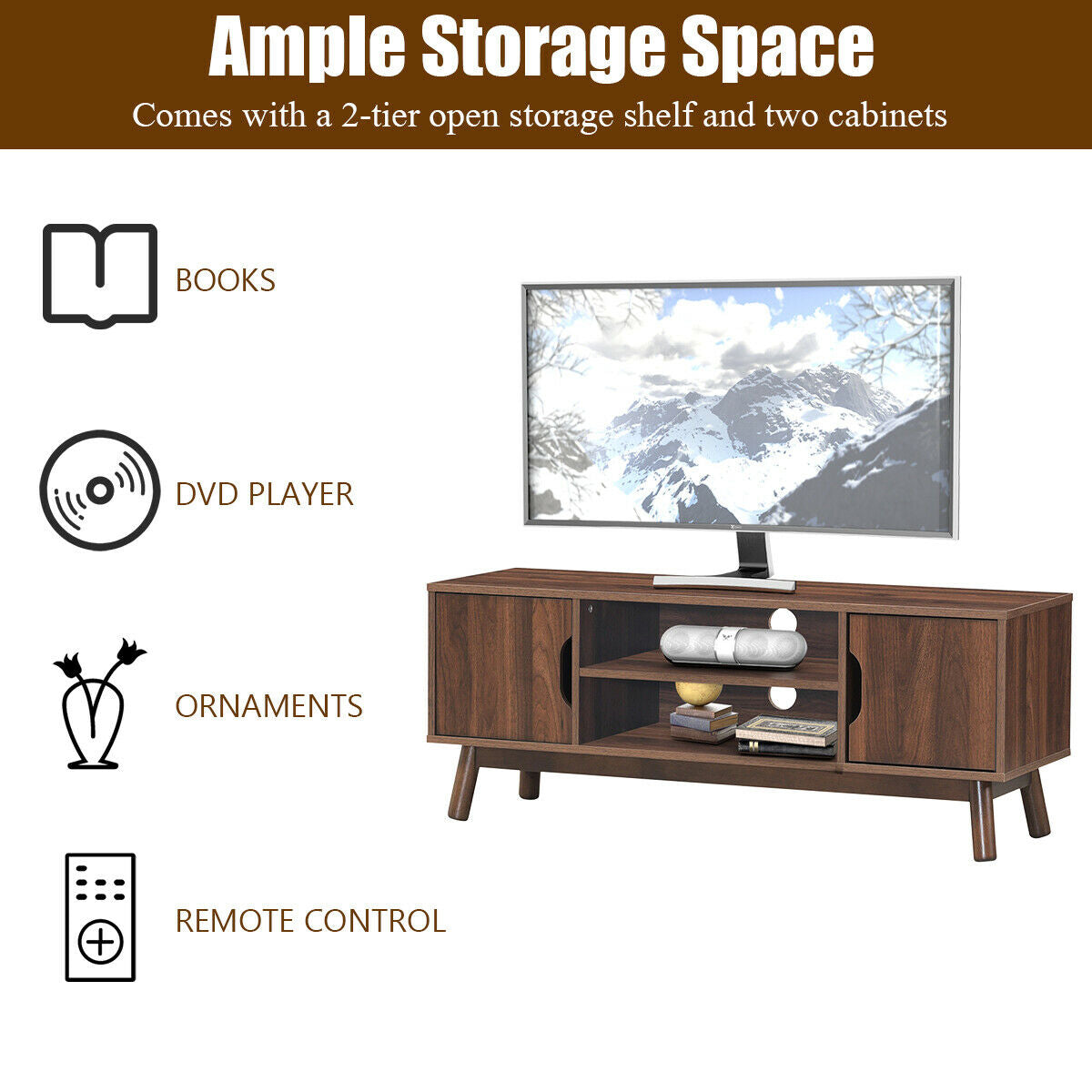Rustic Wood TV Stand with Open Shelf and Side Cabinets for 50 Inch Screen