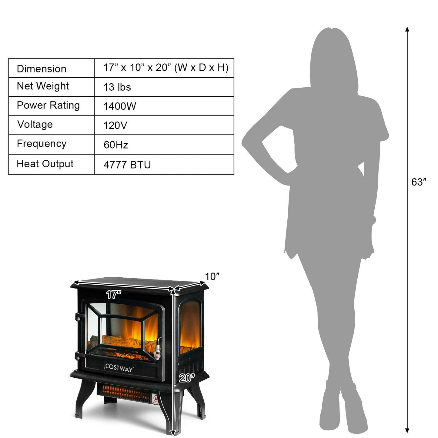 Freestanding Electric Fireplace Heater with Lifelike Dancing Flame Effect